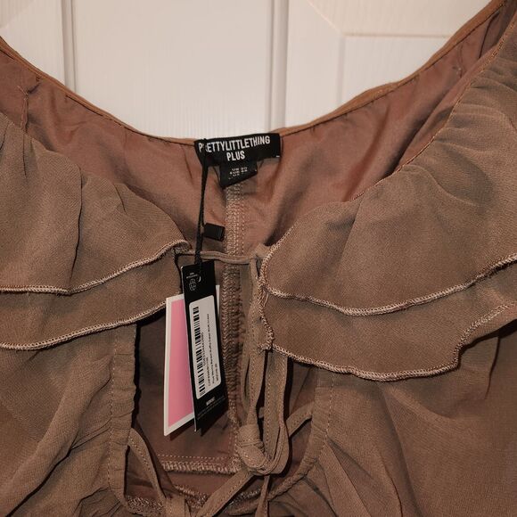 NWT Plus Mocha Brown Bardot Ruffle Detail Shift Dress Size US 16 - Picture 2 of 5
